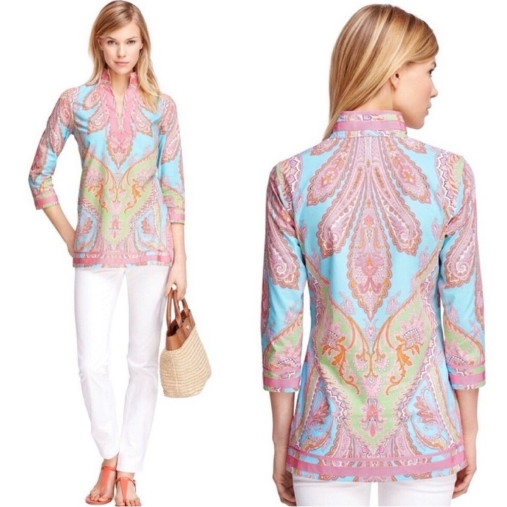 Brooks Brothers women's 12 cotton tunic top blue pink paisley V-neck 3/4 sleeves